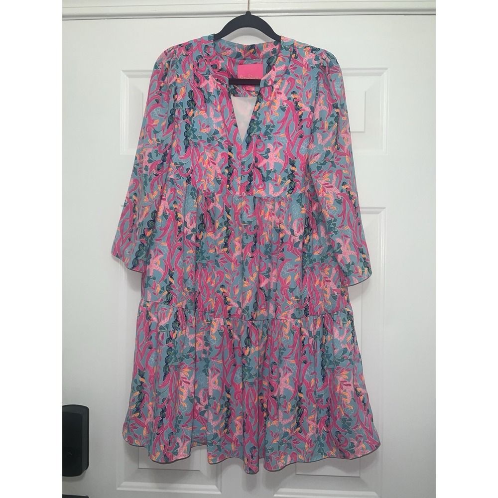 Lilly Pulitzer XS Gabriel Dress Seaweed Samba 3/4‎ Sleeve Swing Preppy Resort